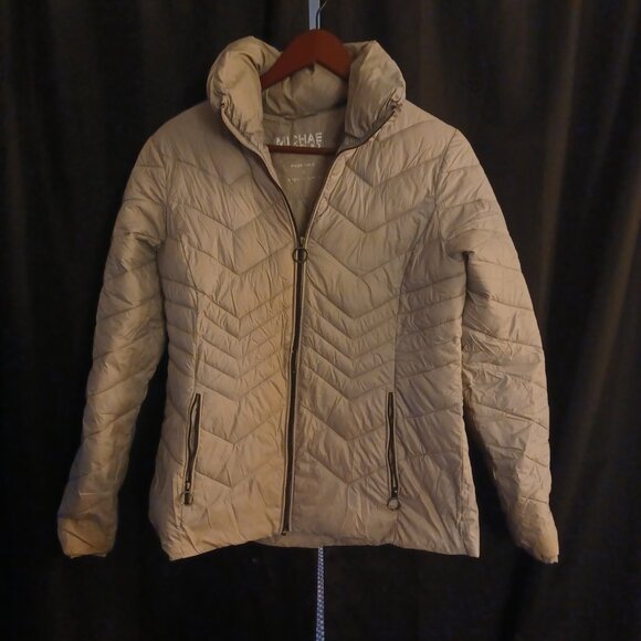 MICHAEL Michael Kors Beige Satin Specks Chevron Puffer Women's Jacket Small - Picture 3 of 6